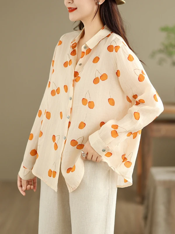 

Ele Printed Long Sve Open Cardigan Loose irt Square Collar Autumn Cotton Women's Faion Artistic Sle Clothing