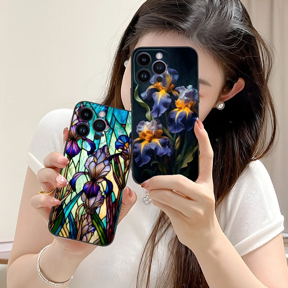 Iris Flower Pretty Mobile Cell Phone Case for iPhone 16 15 14 13 12 11 X XR XS 8 7 Pro Max Plus Mini Black Phone Cover Shell