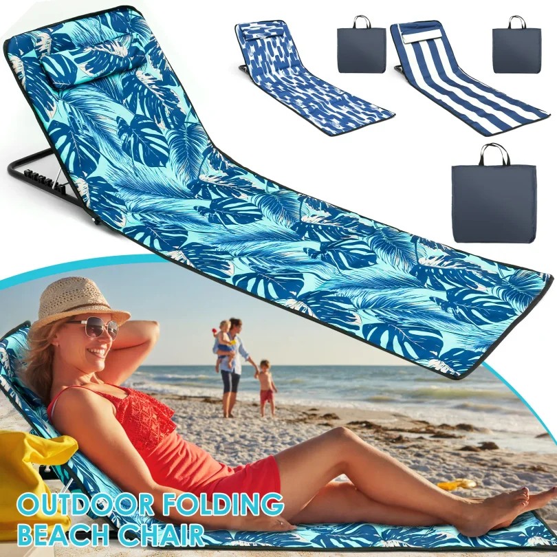 Beach Sun Chair Mat Oxford Cloth Waterproof Sunbathing Recliner With Pocket Adjustable Tilt Angle Portable Folding Tanning Mat