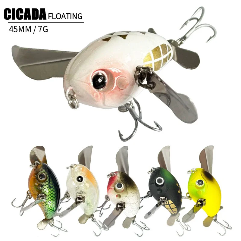 Señuelo de pesca Buzzing Cicada 45mm 7g, señuelo duro de superficie tipo Whopper Plopper con cuentas de sonido y alas de agitación para lubina, lucio y trucha