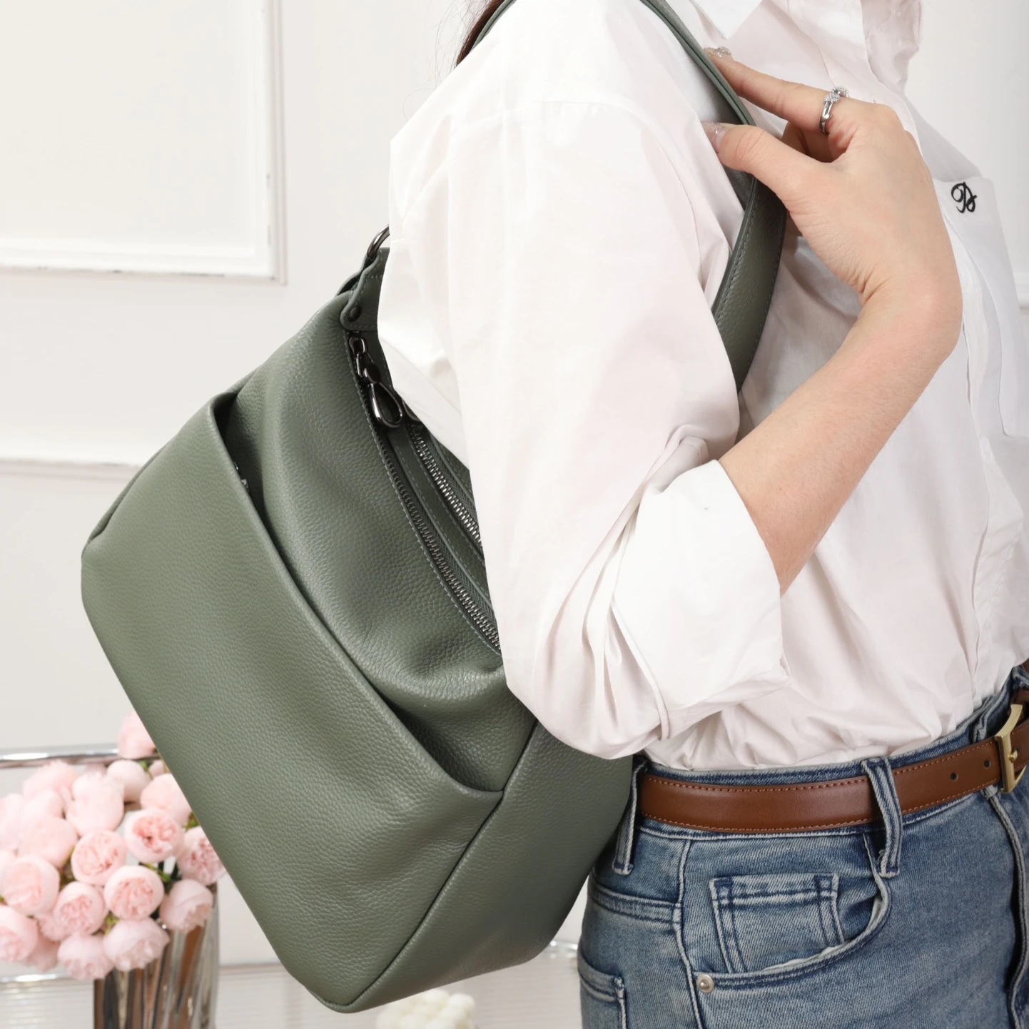 

Full-Grain Leather Convertible Organizer Bag Multi-Use Crossbody for Women, Mom's Daily Command Center Chic Adjustable Carryall