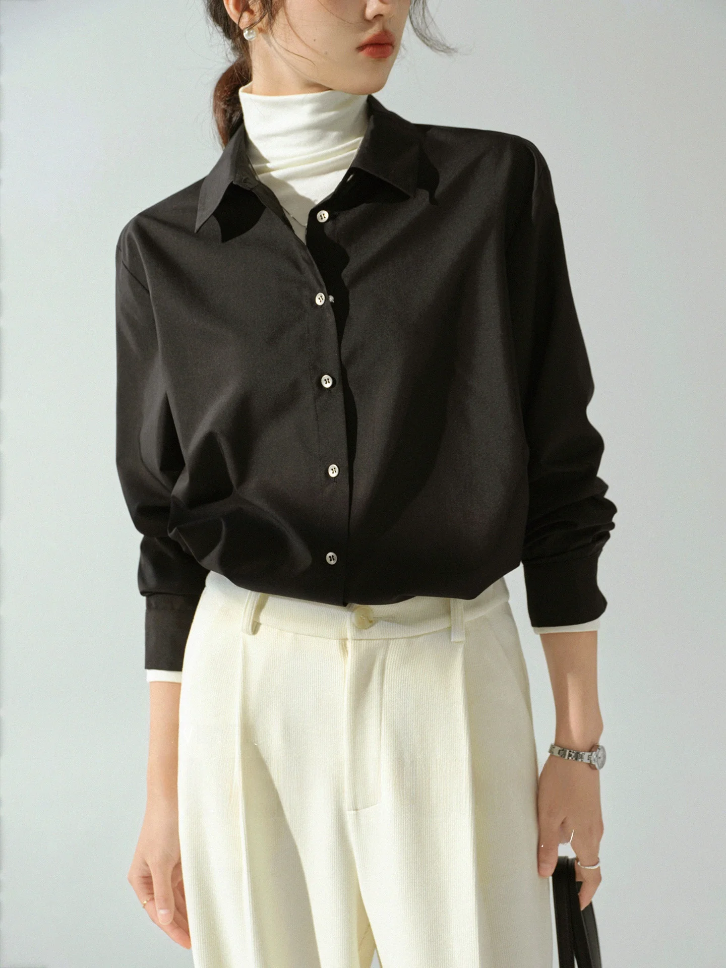 

bunny Vintage Bla Long Sve irt Women's Loose Layering Commute High-End Feeling Collar irt Casual Sle Polyester ...