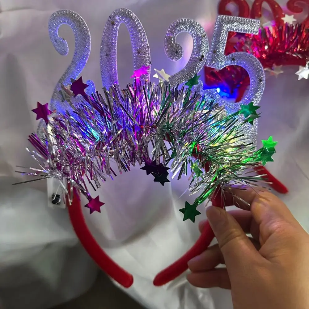 Sequin 2025 Happy New Year Headband Number Letter Plastic LED Glow Christmas Headpiece Photographic Headwear Masquerade Party