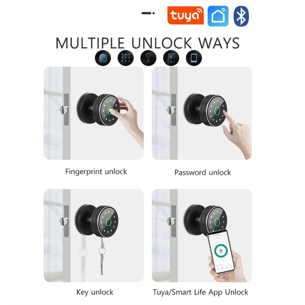 Tuya APP Bluetooth Smart Ball Handle Fingerprint Lock Biometric Keypad Digital Electronic Password Key Intelligent Door Lock