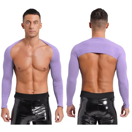 Men Open Front Half Crop Top Solid Long Sleeve Cardigan Bolero Shrug Tops Muscle Arm Sleeves Workout Sports Gym Tops Clubwear - Image 14