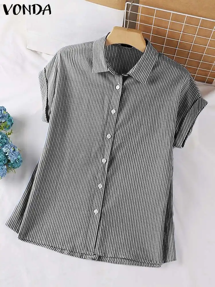 VONDA-camisa a rayas para mujer, blusa informal holgada de manga corta con botones, 2024