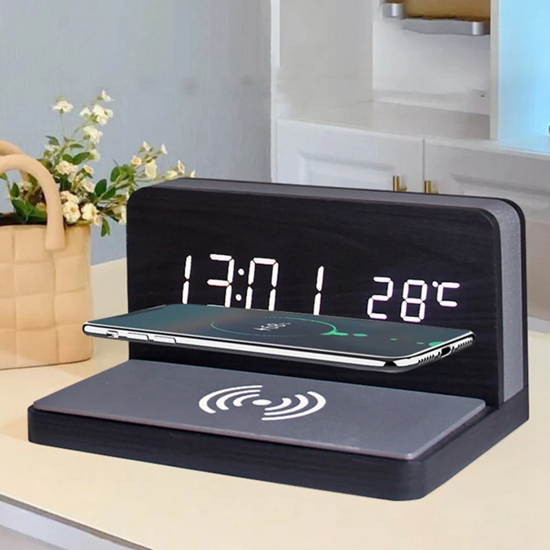 10W Multifunctional LED Wireless Charging Alarm Clock Silent Clock Electronic Clock Wireless Charging Thermometer