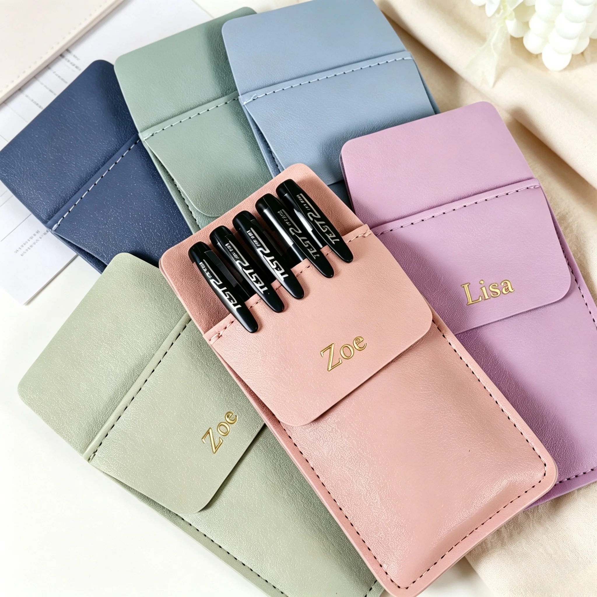 Customized Name Morandi Colored PU Leather Nurse Pen Pouch, Double-Layer Anti-Ink Leakage Pocket, White Coat Storage Pen Case