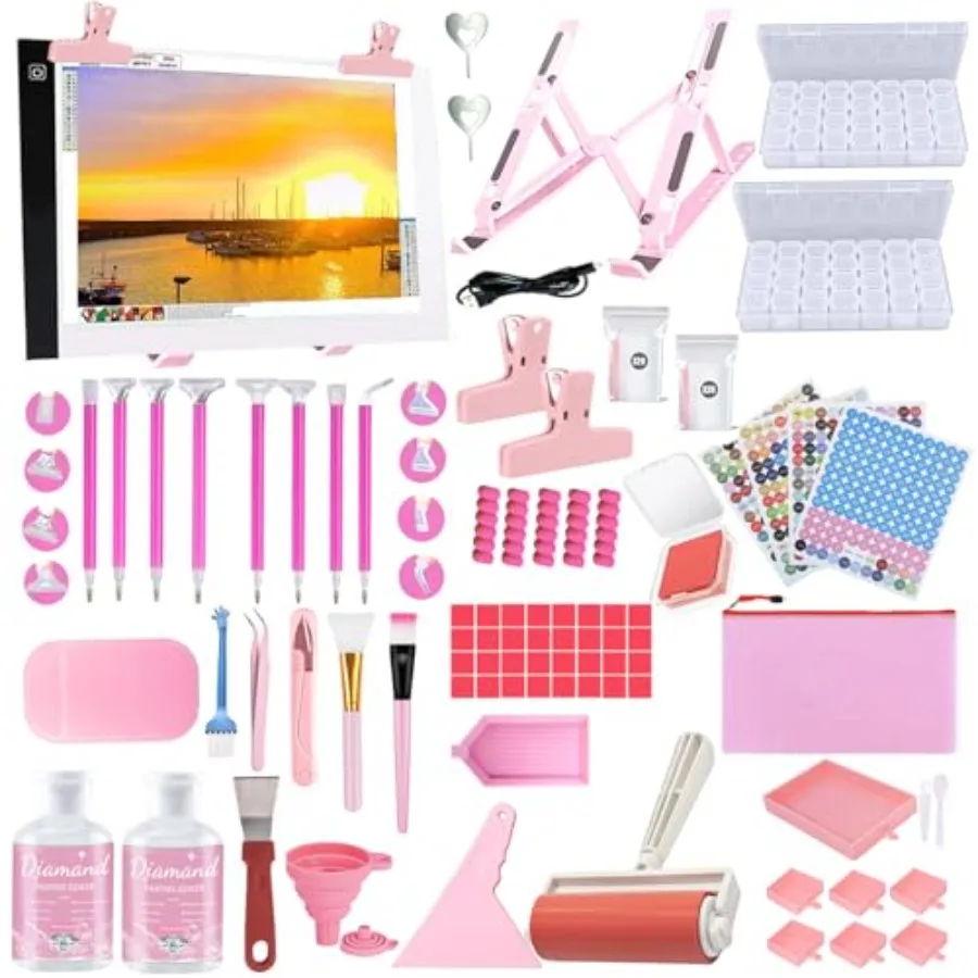 

186Pcs All Inclusive Diamond Art Accessories Kit Diamond Painting A4 LED Light Pad Set with Diamond Art Sealer Glue Stand Stora