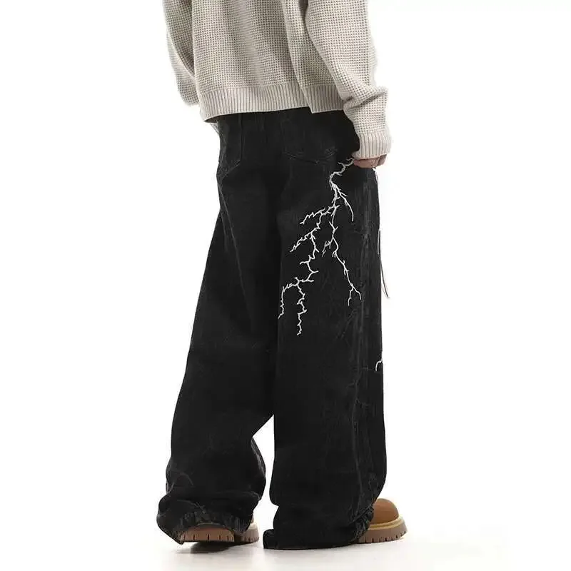 American Vintage Men's Trousers Niche Lightning Embroidered Washed Jeans High Street Loose Wide Leg Denim  Pants