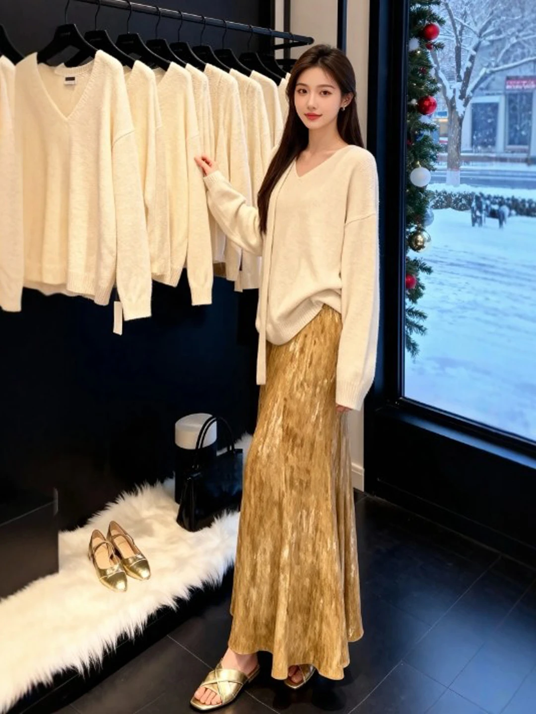 

Ele V-Ne Top And High Waist Skirt Two-Piece Set Comfortable Warm Spring Outfit Gentle Sle Faionable Clete Look