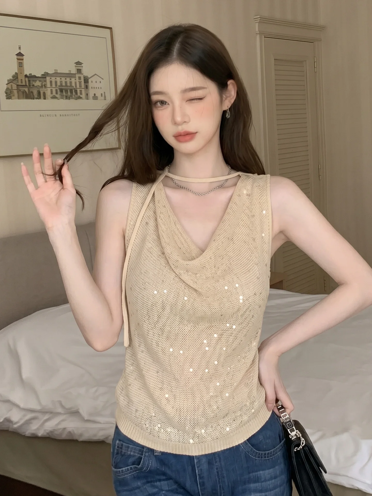 

Loose Knitted Vest Women's Summer New Style Shiny Sleeveless Neck Hanging Belted Vest Fashionable Citywalkwear