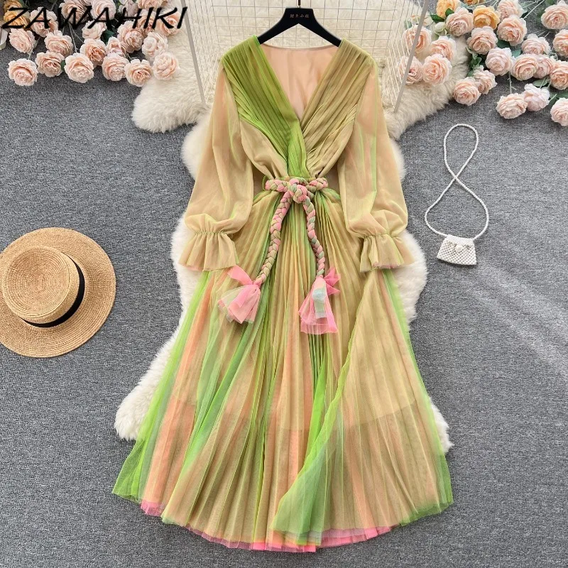 

Women Summer Beach Dress Femme Robe Female Clothing Fashion Office Lady Gauze Pleated Bandage Solid Patchwork Chiffon Vestidos