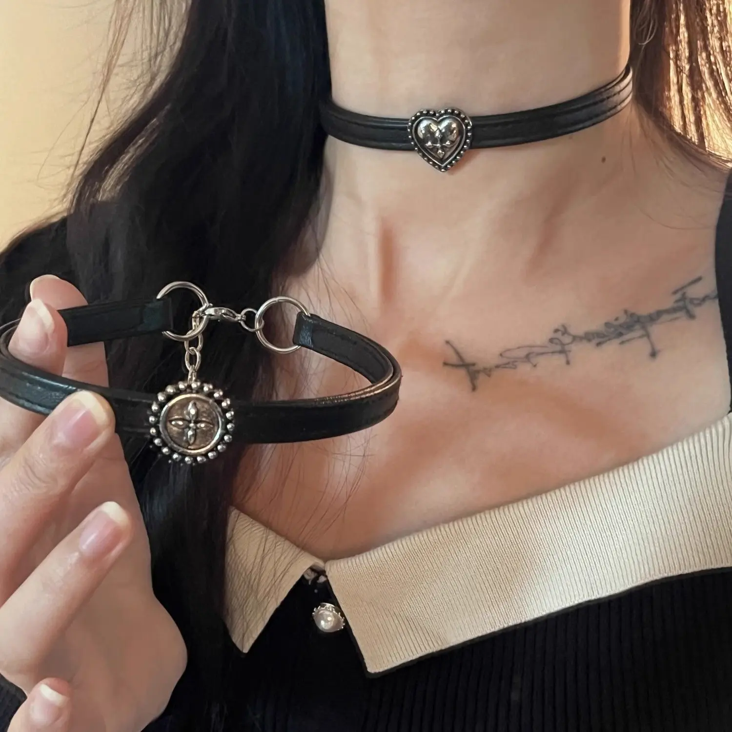 Dark Punk Simple Individuality Niche design sense Sweet Cool Hottie Cruciate flower Black Cortex Neck ring Choker Accessory