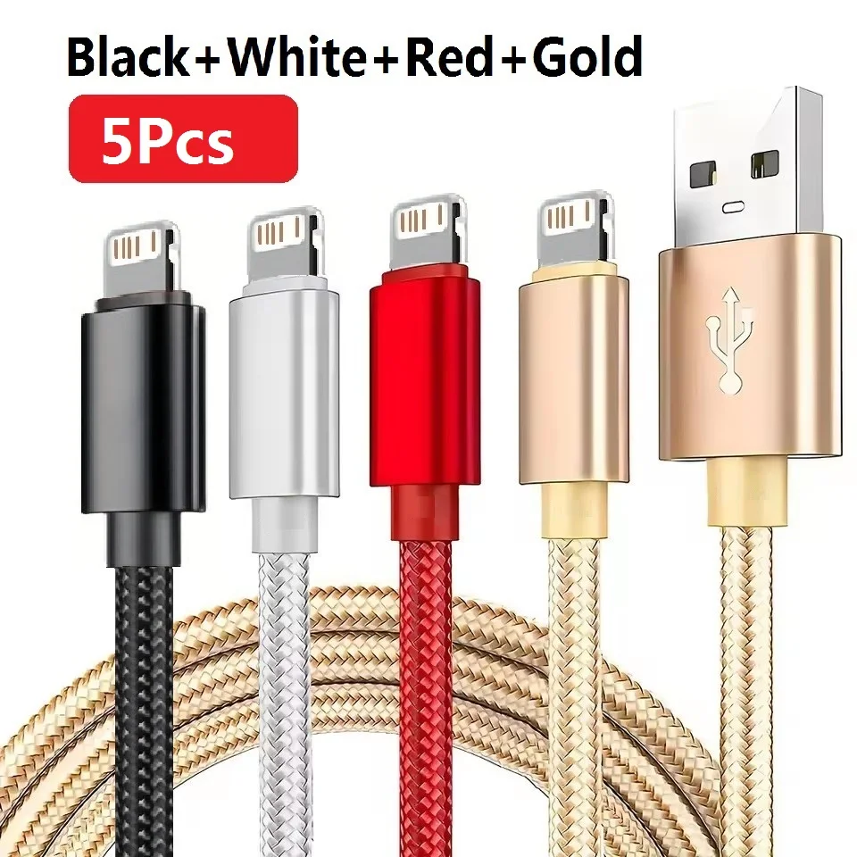 5Pcs Fabric Nylon Fast Charging USB Charger Cable For iPhone 14 13 12 11 Xs Max 8 7 6 Plus iPad Mobile Phone Long Data Cord 1m