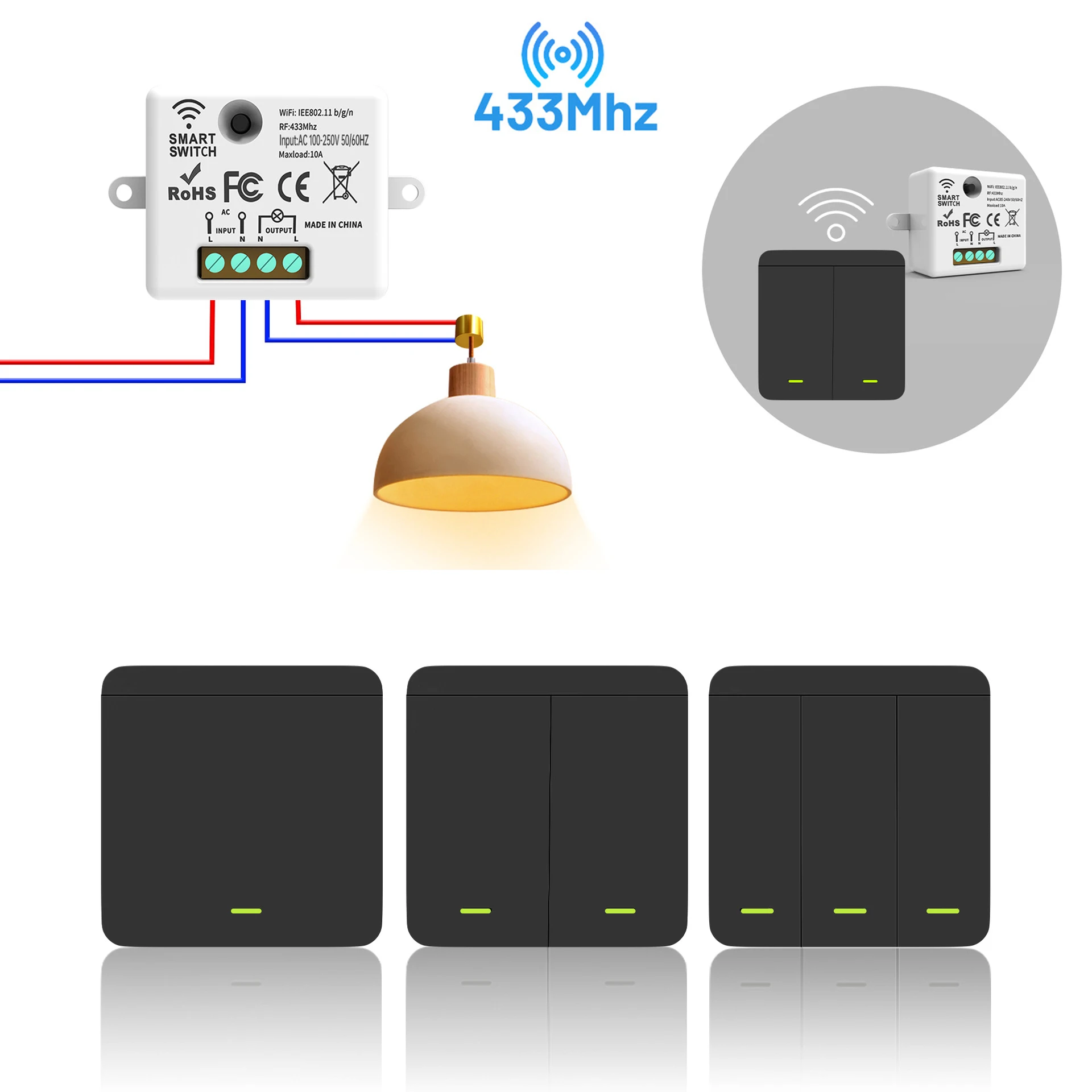 Image of Kabelloser EIN/AUS-Schalter RF433 Modul Fernbedienung Lichtschalter 1/2/3-fach Wandschalter für Glühbirnen Kronleuchter 10A 110V 220V