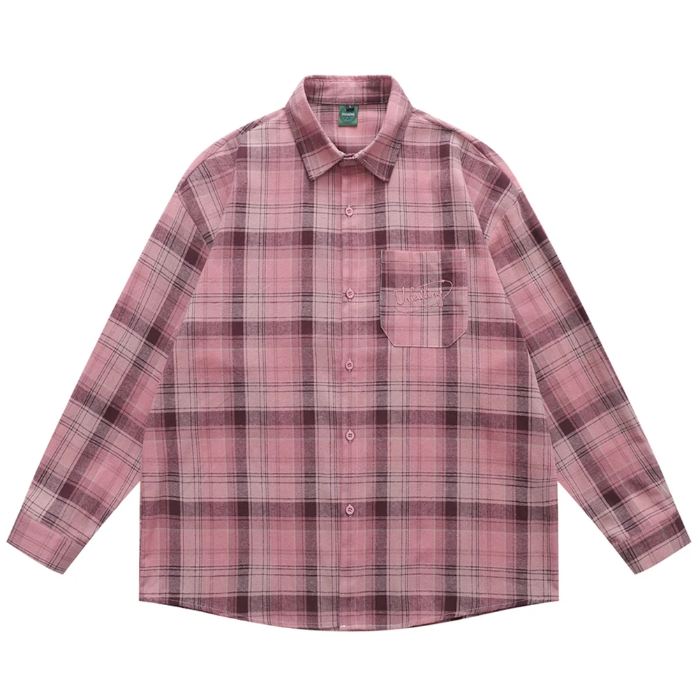 Pink Plaid Cotton Shirt Men Button Up Casual Men Women Shirts Long Sleeve