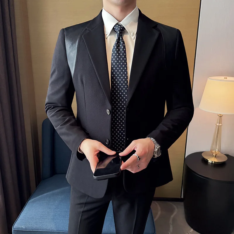 Men's Korean Version Slim-fit Suit Autumn New Men's Clothing Blue Fashion Casual Splicing Suit Suit