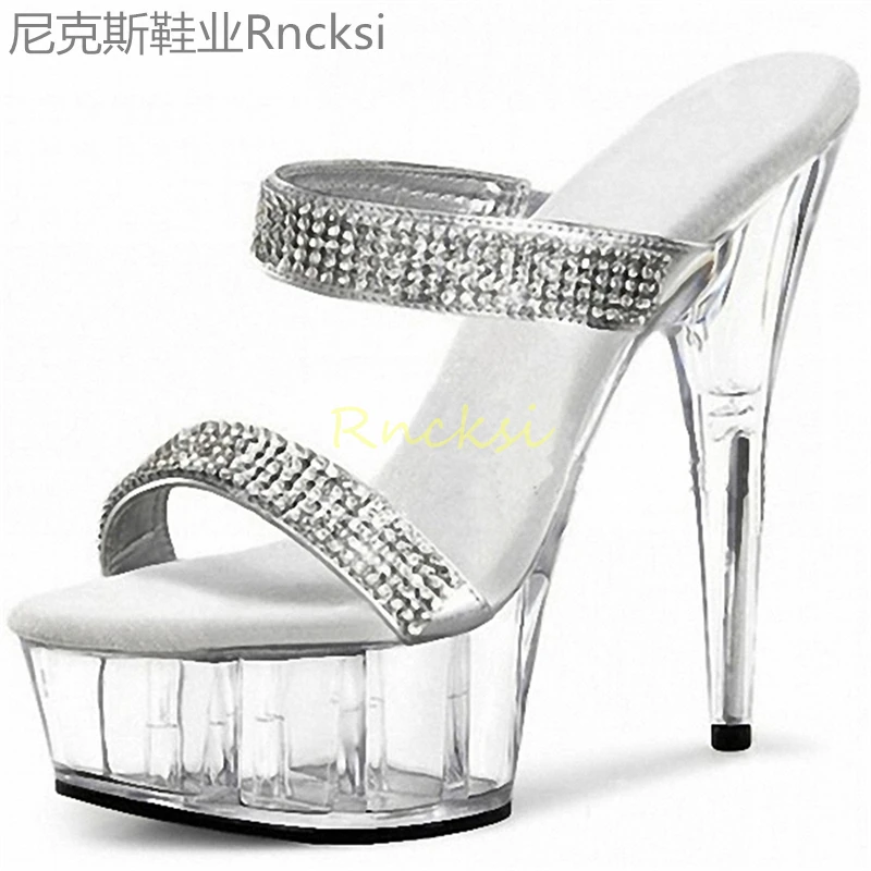 15cm New women's slippers, high heels, stiletto slippers with transparent diamond stiletto sandals, women's shoes, solid color