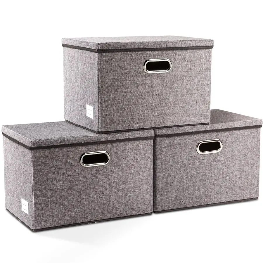 

Large Collapsible Storage Bins with Lids 3Pack Linen Cotton Blend Foldable Storage Boxes Organizer Containers Baskets Cube with