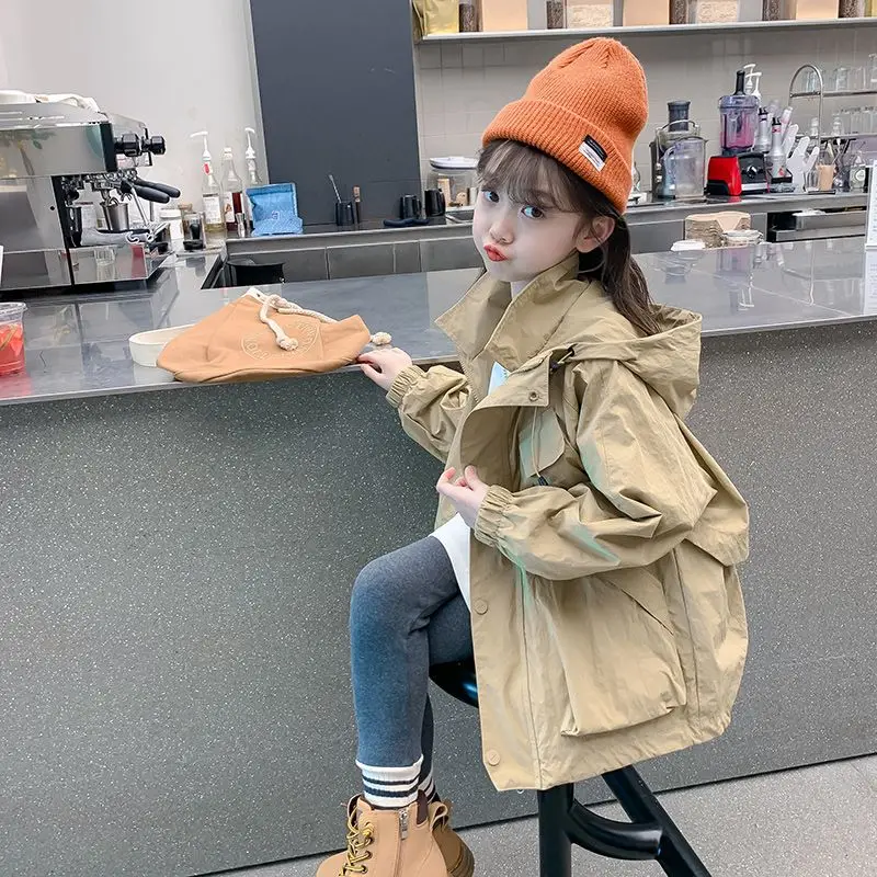 3-14Years Kids Hooded Jackets for Girls Khaki Trench Coat Big Toddler Girls Fall Windbreaker Children Outwear Coat 4 5 6 7 8 9