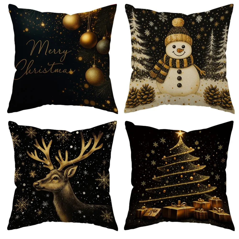4pcs Christmas Winter Holiday Pillow Covers – Snowman, Tree & Reindeer Prints, Festive Home Decor
