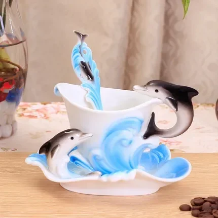 200ml Ocean Wizard dolphin cup and saucer Bone china ceramic  couple coffee cups dish with a spoon high bone china gift set