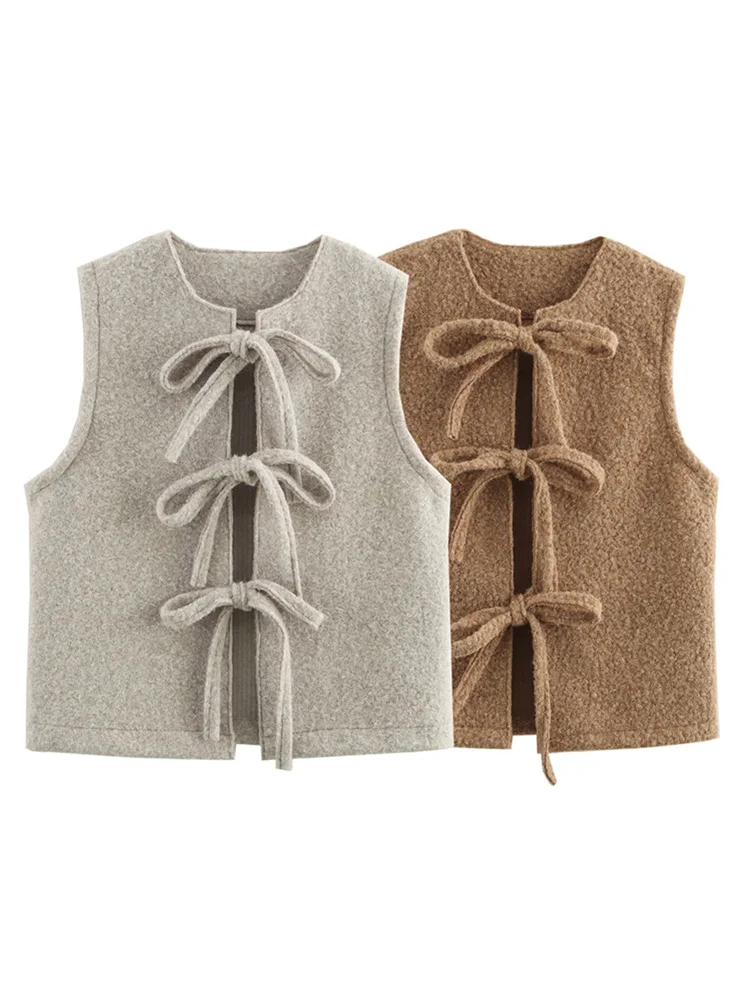 Zevity 2024 New Women Fashion O Neck Bow Decoration Sleeveless Woolen Vest Jacket Ladies Solid Casual Slim WaistCoat Tops CT7345