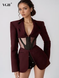 VGH Sexy High Street Spliced Sheer Mesh Blazers for Women Notched Collar Long Sleeve Temperament Slimming Tunic Coats Female New