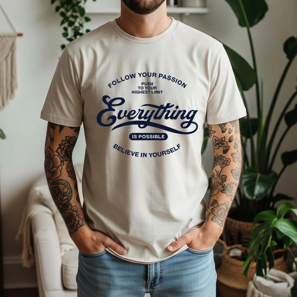 New Summer Mens 100% Cotton T Shirt Everything Is Possible Letter Print Casual Breathable Vintage Short Sleeve For Daily Wear