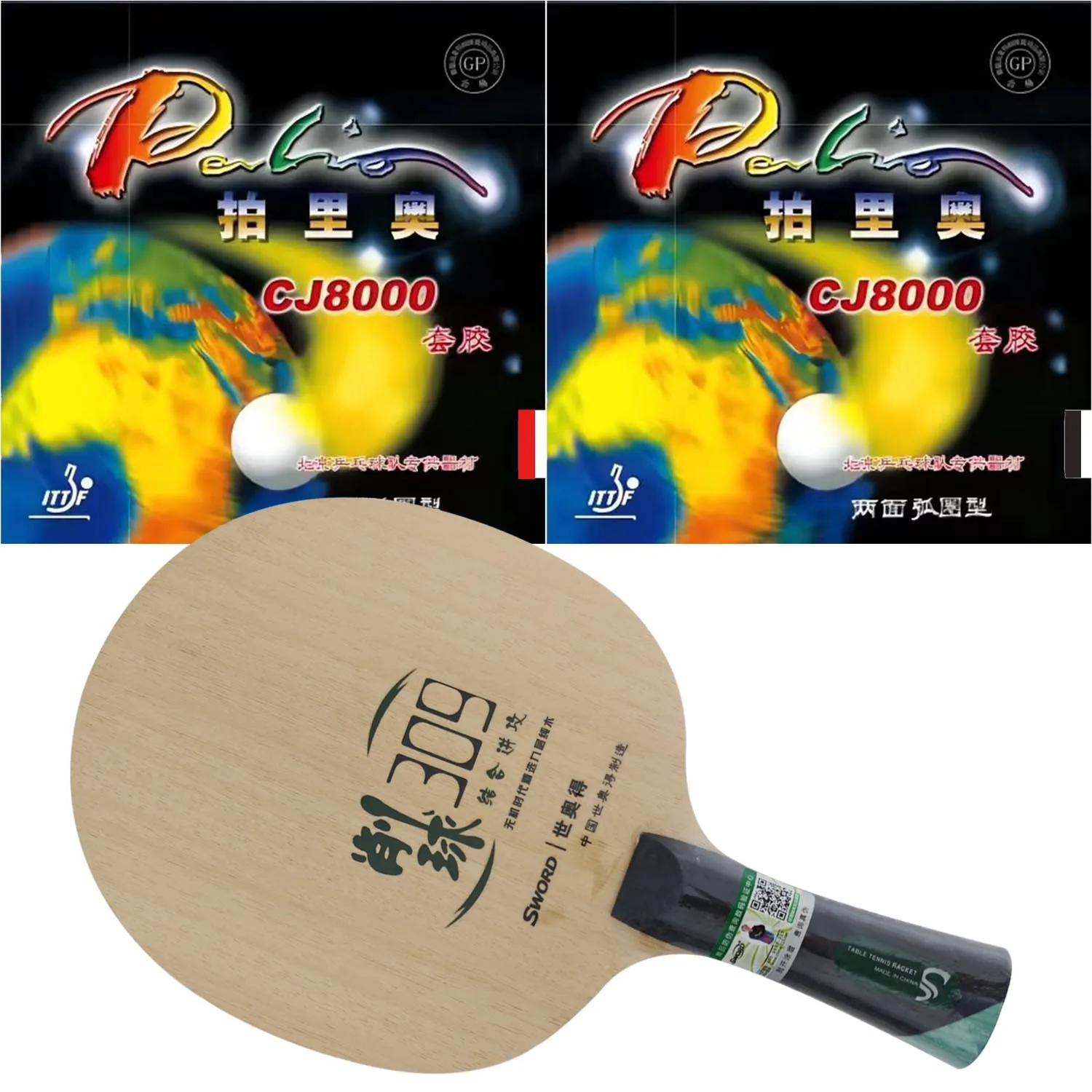Pro Combo Racke Sword 309 Chop Table Tennis Blade with 2x Palio CJ8000 2-Side Loop Type Pips-In PingPong Rubber With Sponge