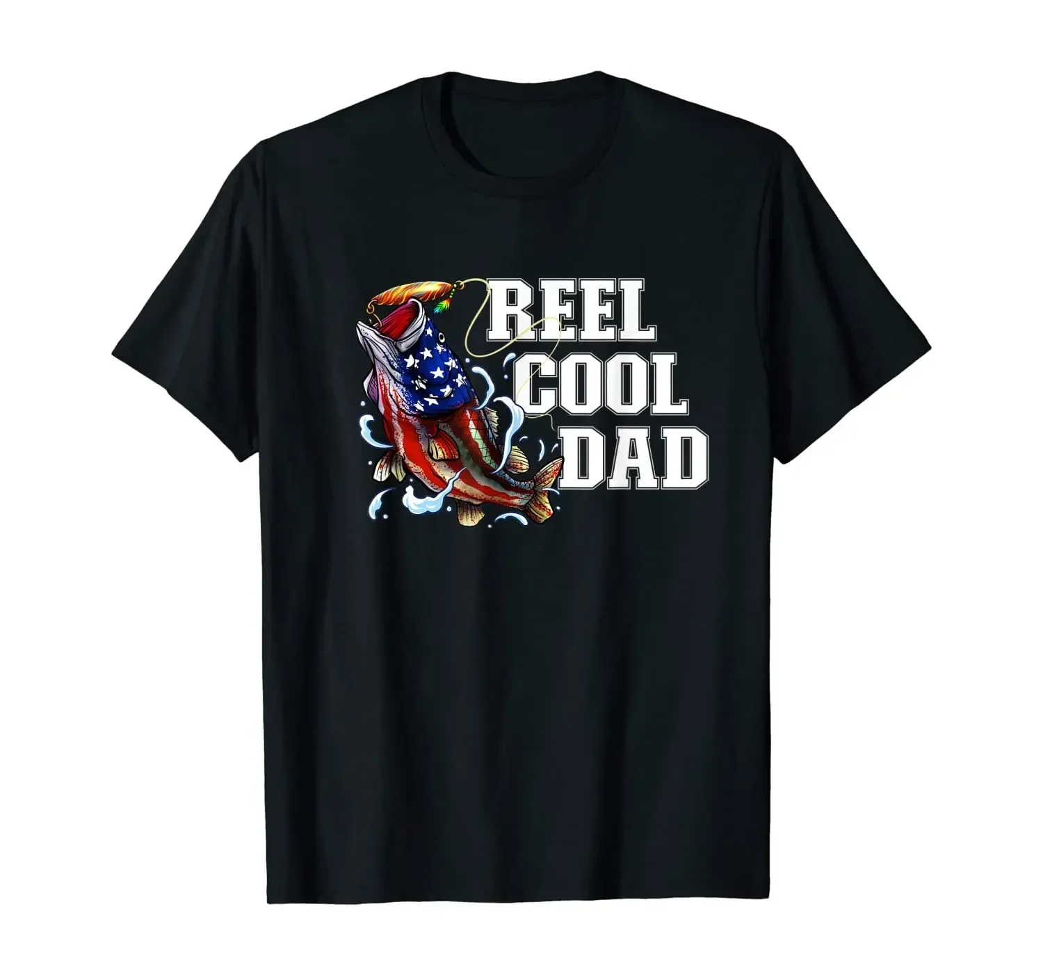 

Reel Cool Dad. USA Flag Large Mouth Bass Anglers Fishing Gift T-Shirt 100% Cotton O-Neck Summer Short Sleeve Casual Mens T-shirt