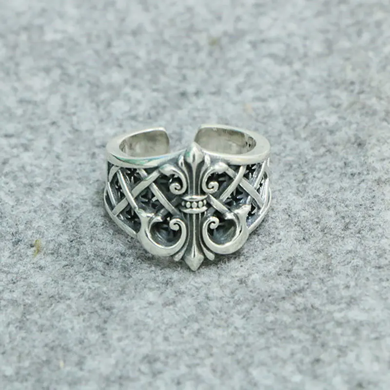 

Punk Style 925 Sterling Silver Scout Flower Ring Male domineering European and American wide face retro cross ship anchor Thai s