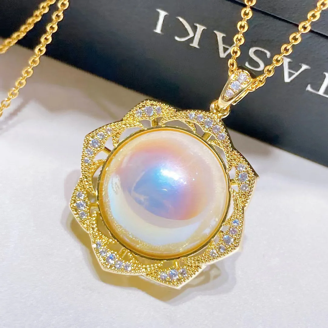 

925 silver Flower shape pearl imitation Marbel pendant retro elegant luxury gilded jewelry