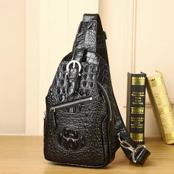 Men's Bag Crocodile Pattern Men's Chest Bag Genuine Leather Diagonal Straddle Bag Outdoor Chest Bag Fashion Men's Bag