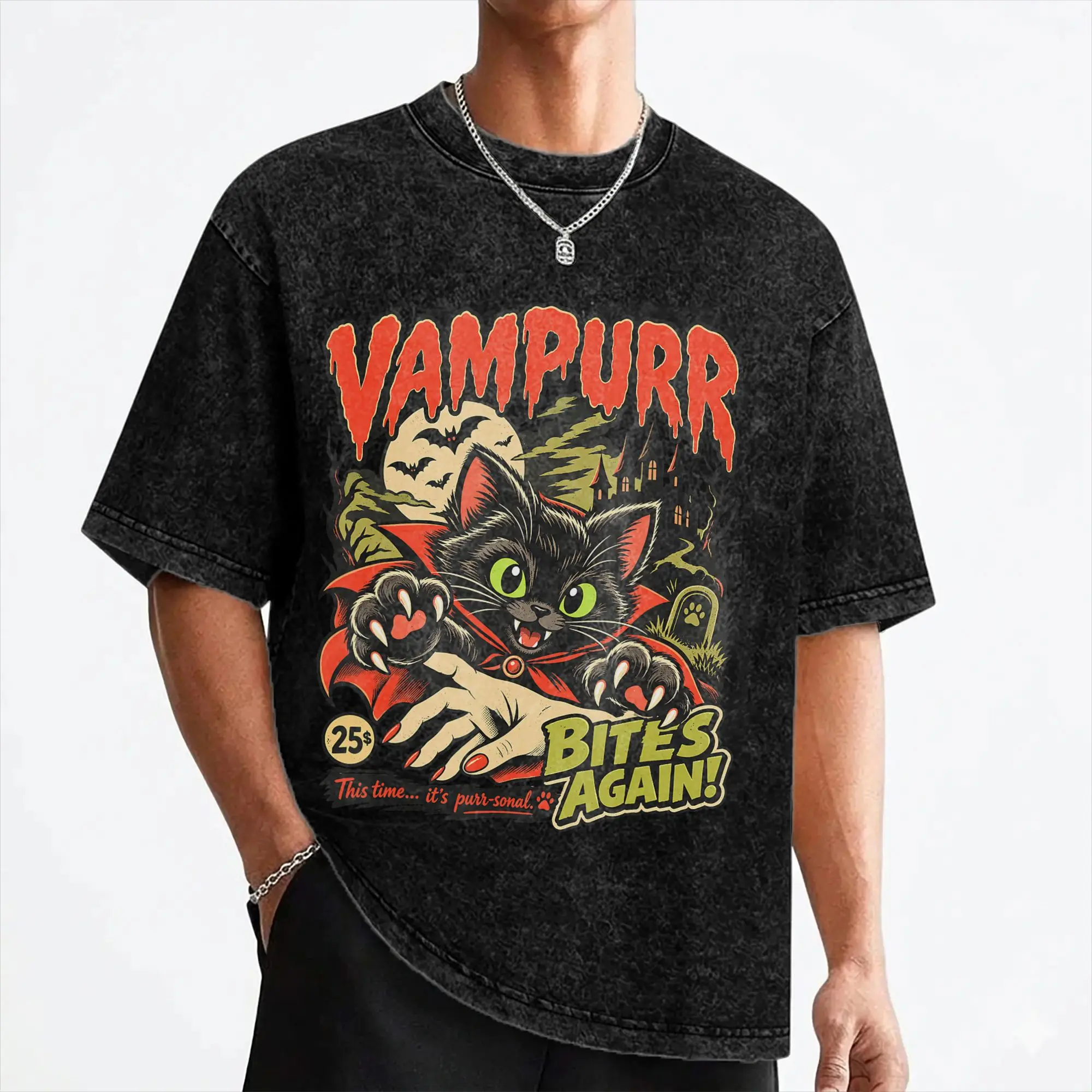 Vampurr Bites Again Halloween Vampire Cat Washed T Shirts Streetwear T-Shirt Tee Shirt for Men Women 100% Cotton Harajuku Summer