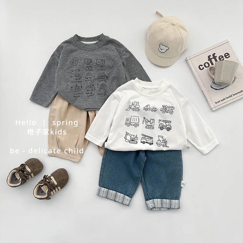 2025 outono novas crianças dos desenhos animados impressão t camisas meninos meninas manga longa casual topos bebê algodão camiseta da criança crianças roupas