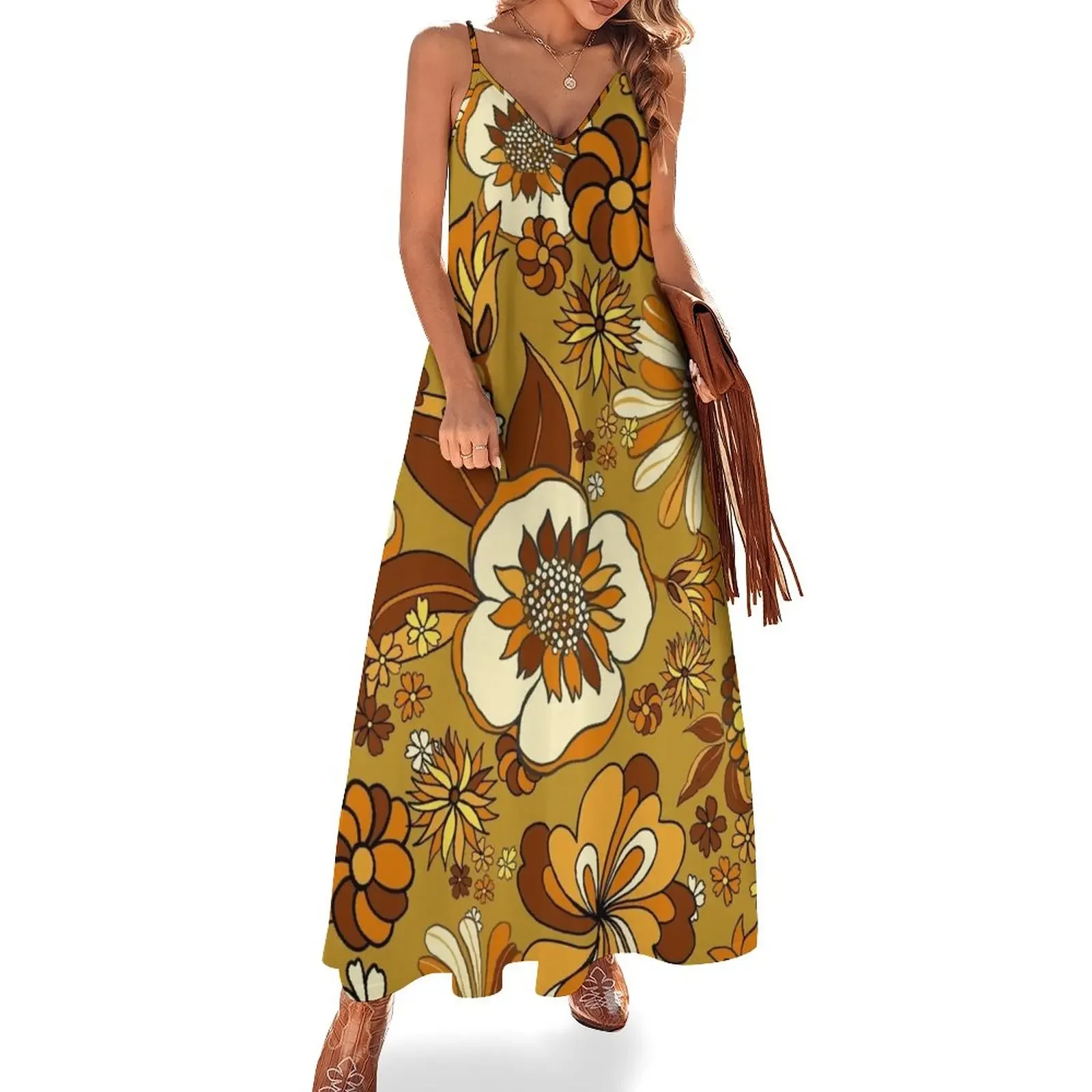 

70s Vintage Flower Power floral pattern, orange, mustard, yellow Sleeveless Dress prom clothes party dresses woman
