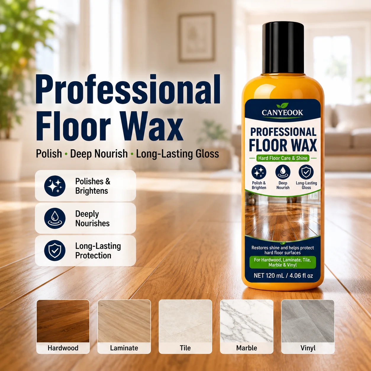 120ml Floor Essential Wax - Natural Wood Floor Care Oil, Anti-Scratch & High-Gloss Finish, Suitable for Home Floors & Automotive
