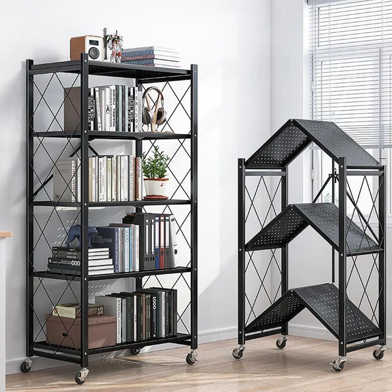 Foldable Display Stand Shelves Organizer Wide Folding Metal Shelf with Caster Wheels Kitchen Garage Units Storage Rack Holder