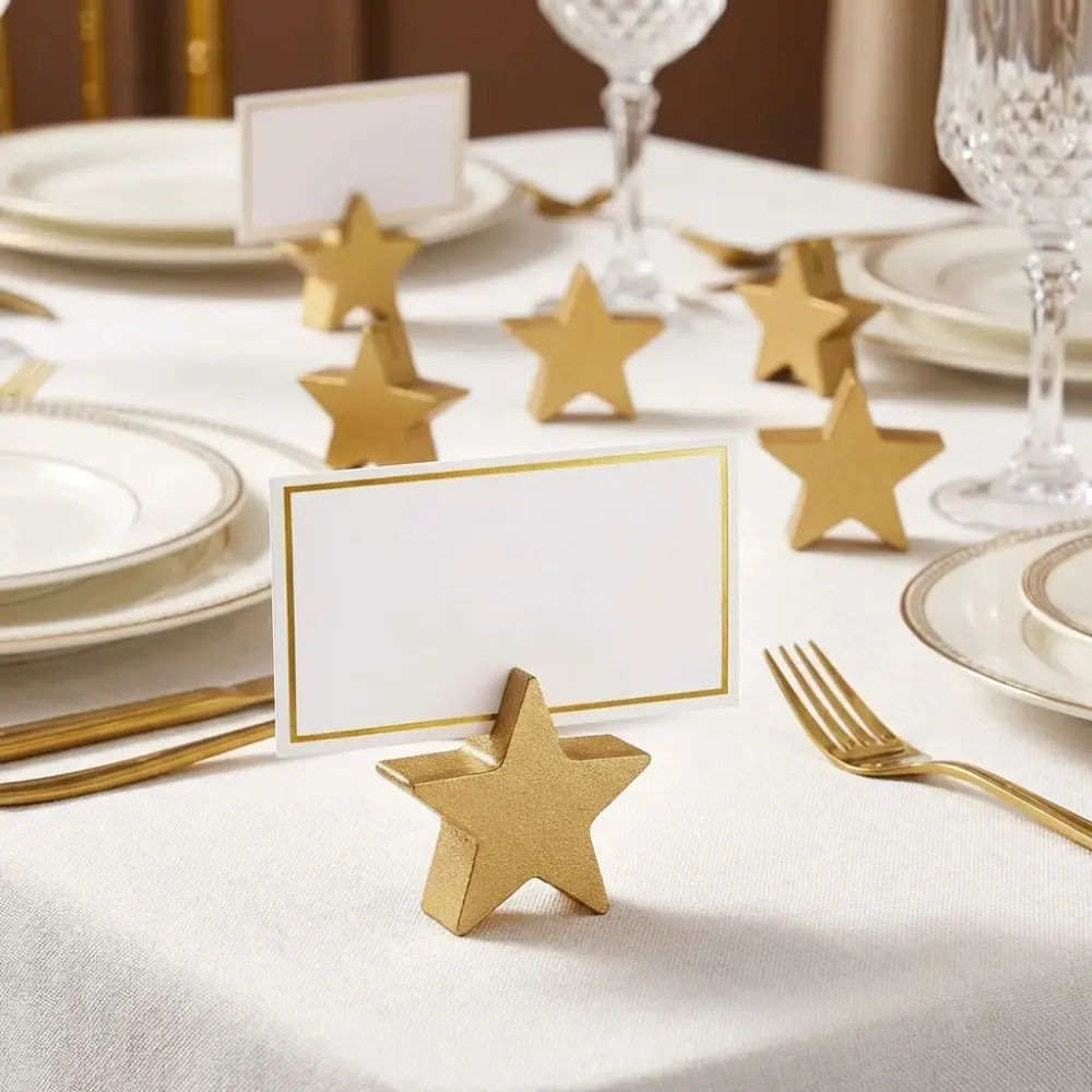 12PCS Star Heart Shaped Table Number Cards Stands Wooden Gold Place Card Holders Smooth Surface Desktop Message Holder Banquet