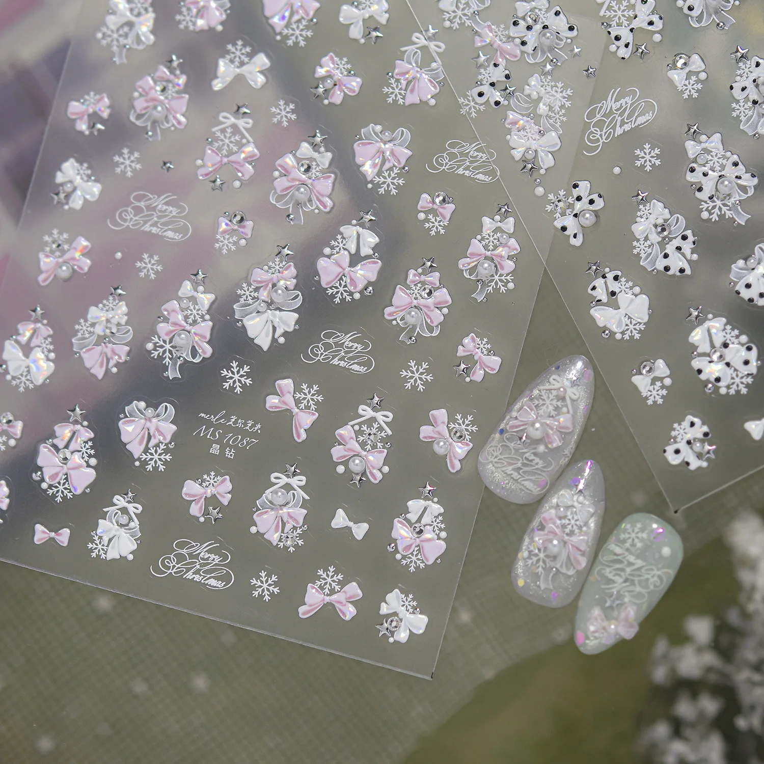 Pink Bow Polka Dot Bow Xmas 5D Nail Stickers Christmas Tree Snowflake Pearl Merry Christmas Nail Art Decals DIY Nail Decor Tool