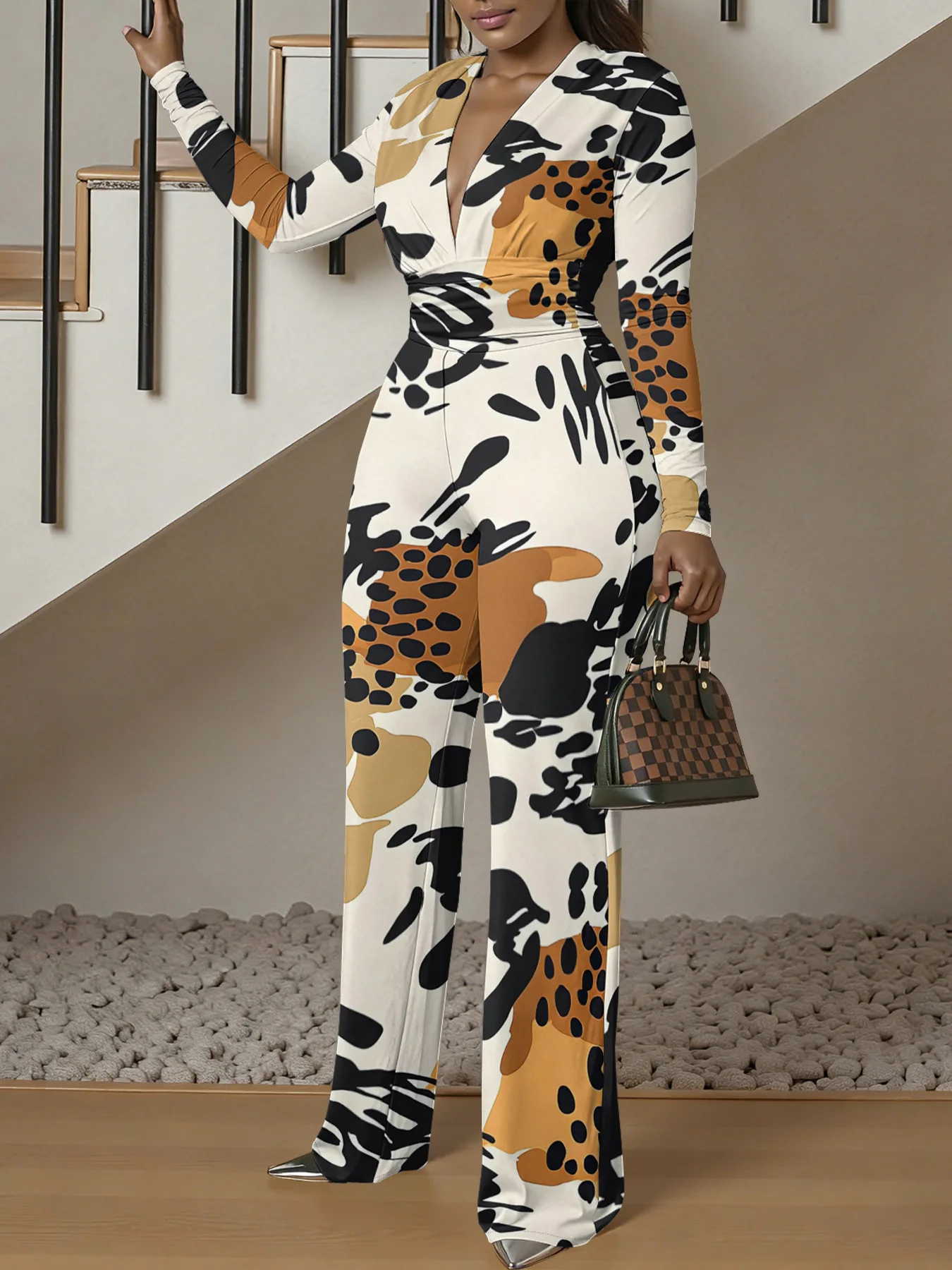 Macacão justo de manga comprida com decote em V, ideal para o outono, feminino, elástico, peça única, para a primavera, roupa de rua de luxo, para fes