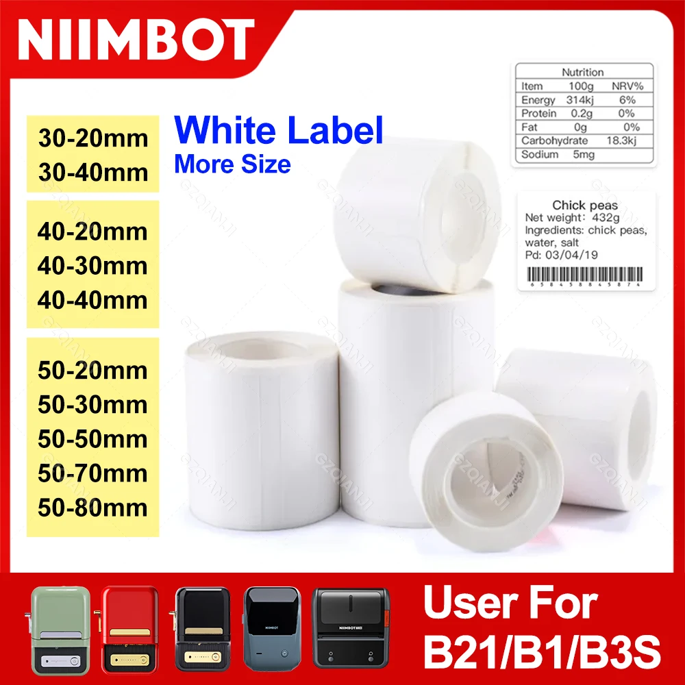 30-50mm niimbot b21 b1 b3s impressora etiqueta rolo de papel branco adesivo papéis de impressão rolos à prova de rasgo água adesivo à prova de óleo