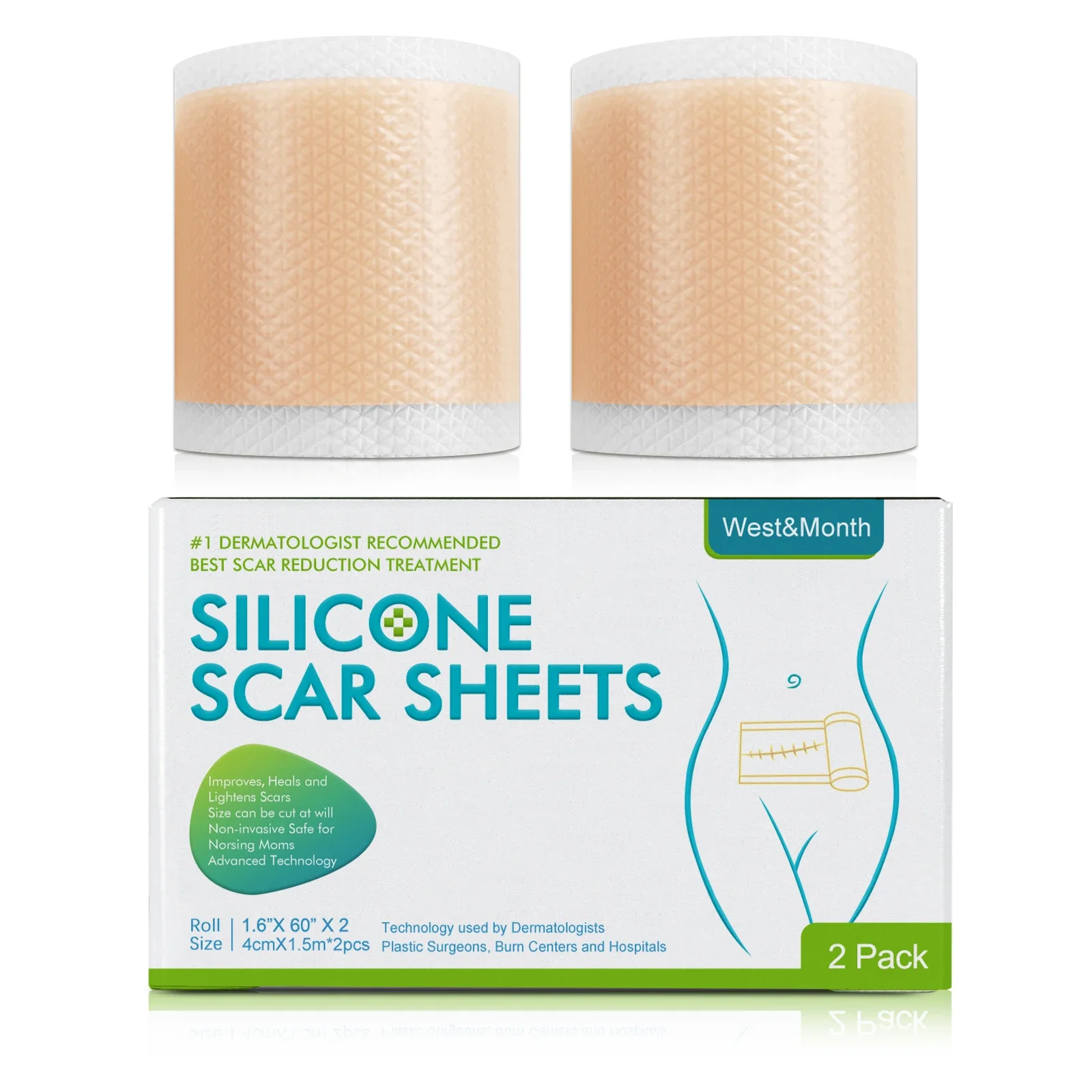 

2 Rolls/Pack (1 roll = 4cm*1.5m) Silicone Scar Sheets Self-Adhesive Scar Cover Tape Reusable and Effective Skin Care Strips