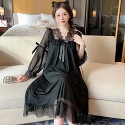 2025 Spring Sweet Lace Princess Long Sleeve Cotton Nightgowns for Women Korean Cute Sleepwear Night Dress Nightdress Home Nighty