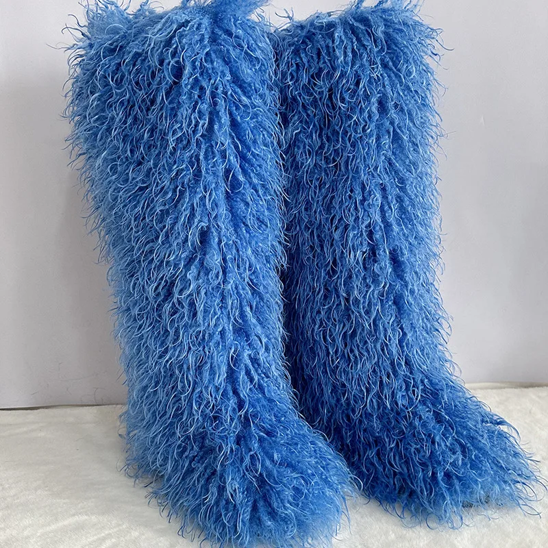 2025 Botas de nieve de lana de playa de hierba de piel sintética de invierno para mujer Botas peludas hasta la rodilla Botas de mujer de gran tamaño cálidas y a la moda