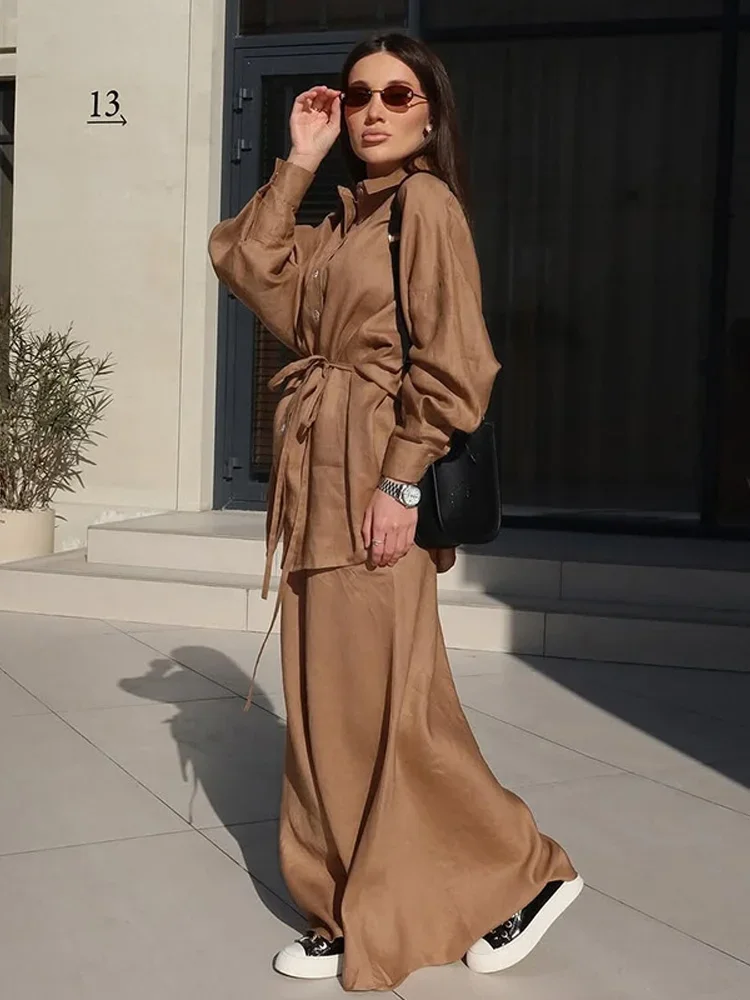 

Casual Lace Up Shirt Skirt Set Women Lapel Full Sleeves Single Breasted Shirt High Waist Long Skirts Sets 2025 Summer Lady Suit