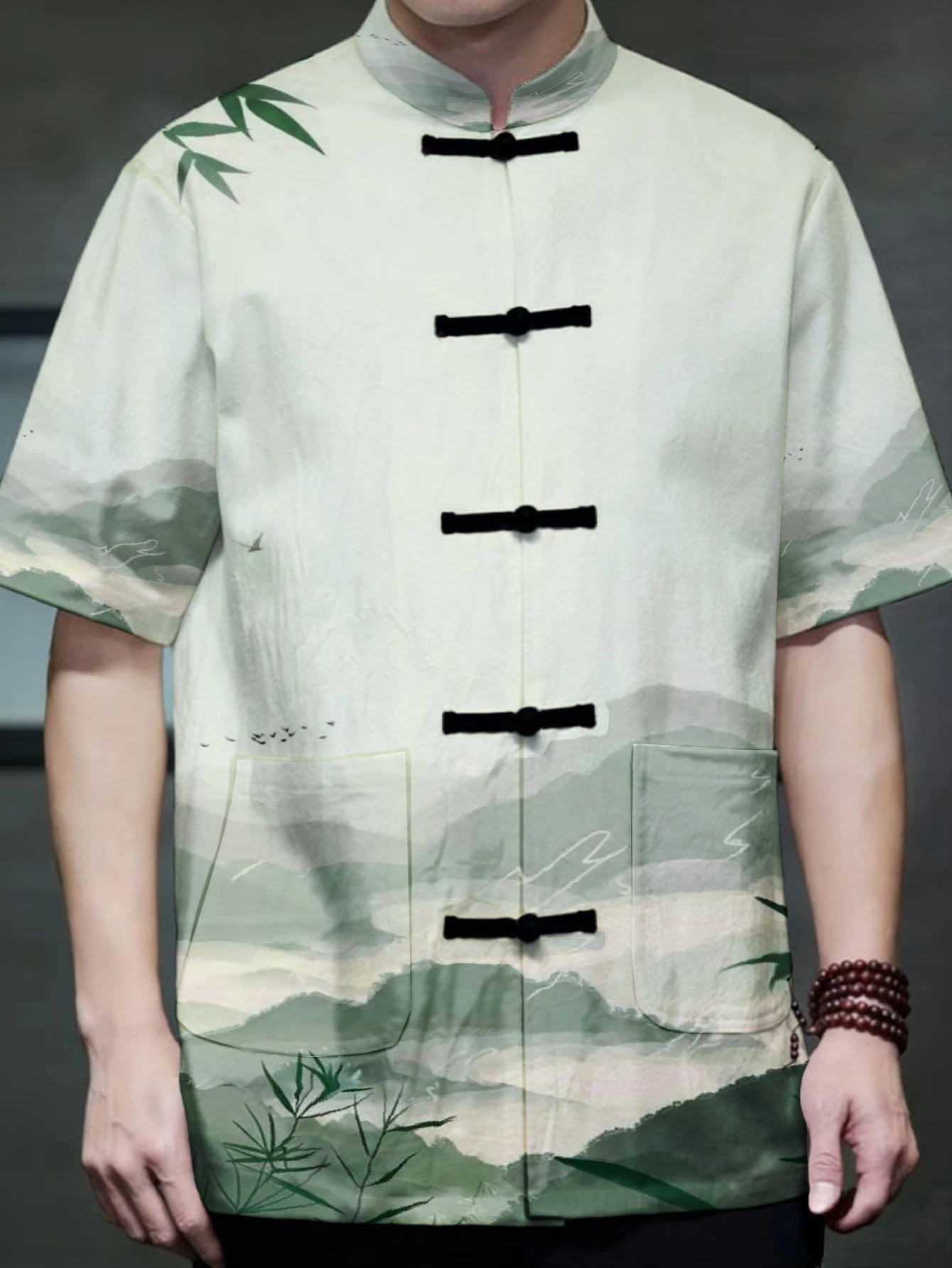 Men Traditional Frog Button Short Sleeve Shirt Mandarin Stand Collar Oriental Art Print Casual Top With Side Pockets