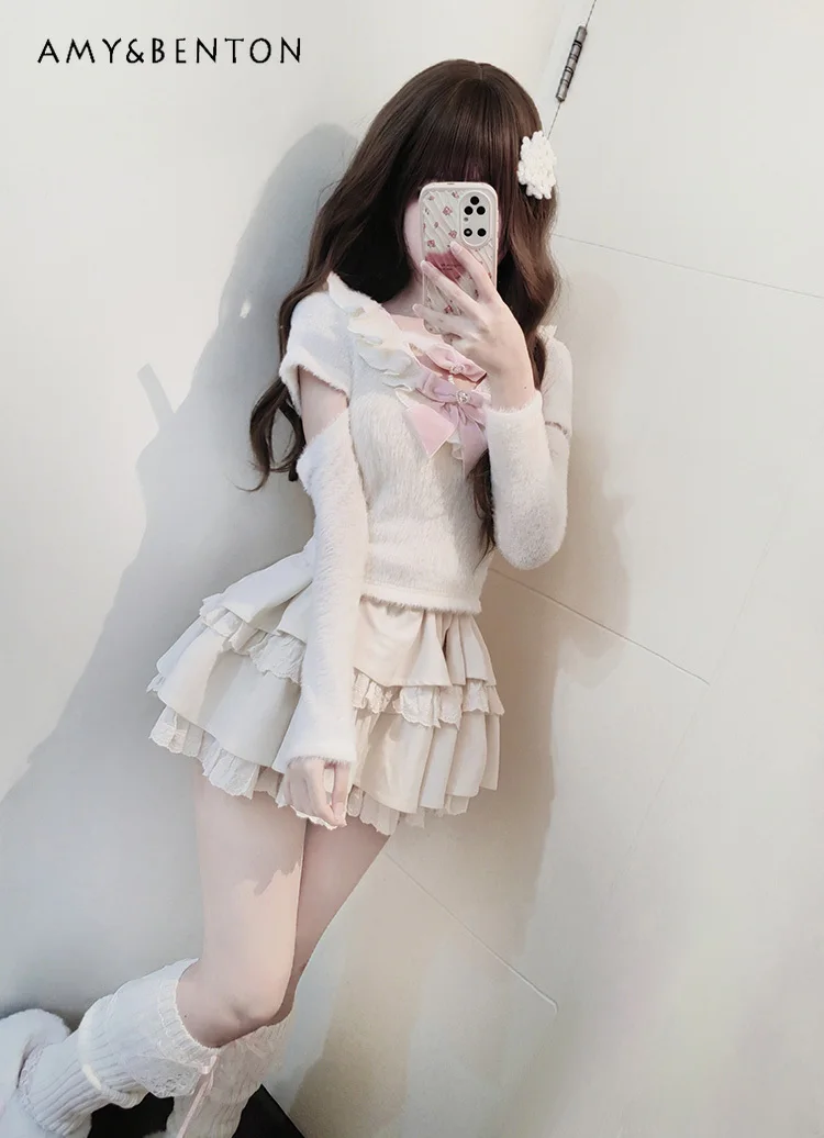 Sweet Soft Sweater Outfits Autumn Winter Cute Lotus Leaf Bow Hollow Plush Pullover High Waist Mini Skirt Two-piece Set Women